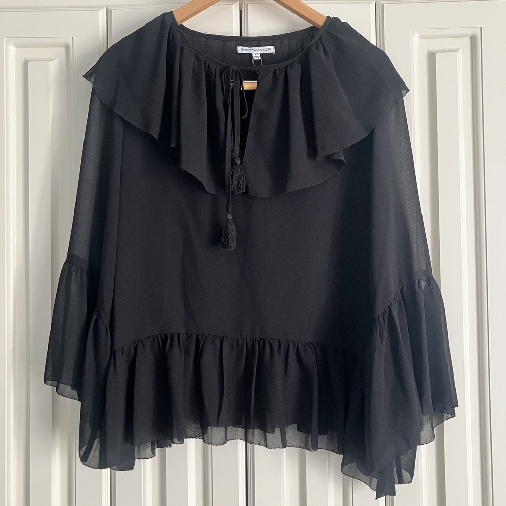 REBECCA MINKOFF‎ Patti Black Semi Sheer Chiffon Ruffle Bell Sleeve Top XS NWT